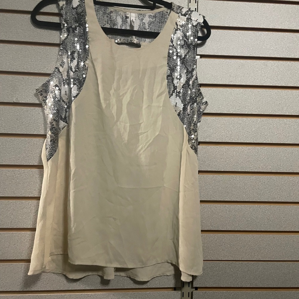 Studio Y Women's Beige Sleeveless Snake Print Sequin Blouse Top Size L